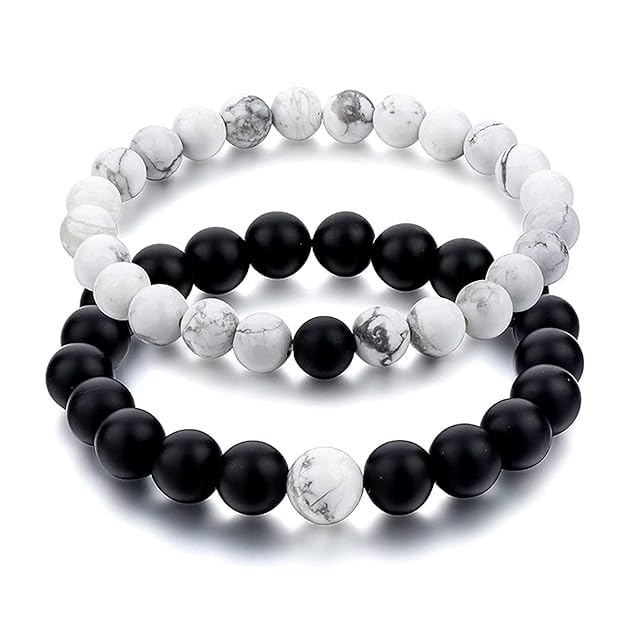 Teeragaj Distance Couple Bracelet Set, Black Onyx and White